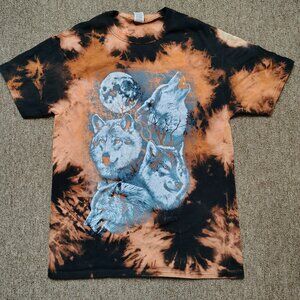 BLEACH DYED Shirt Men M Wolf Pack Full Moon Graphic Short Sleeve Nature Animals